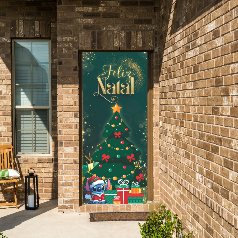 Tecido Capa Decorativa de Porta Alta Qualidade Com Elástico Tema Natal 0,85x2,10m Feliz Natal Papai Noel Arvore