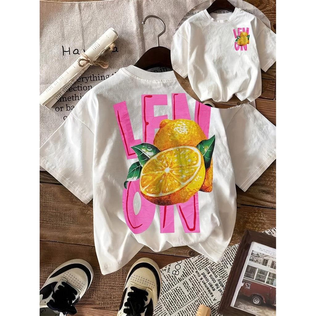 Camiseta Feminina T-shirt Estampada Fruta Cítrica “G” – Blusa Casual Verão Gola Redonda