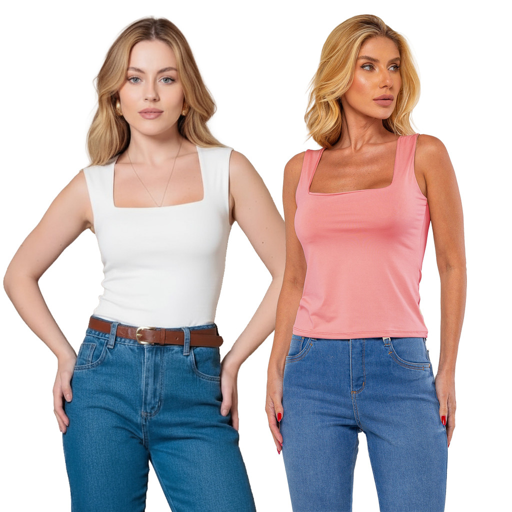 Kit 2 Blusinhas Regata Feminina de Suplex Gola Quadrada em Oferta na Shopee