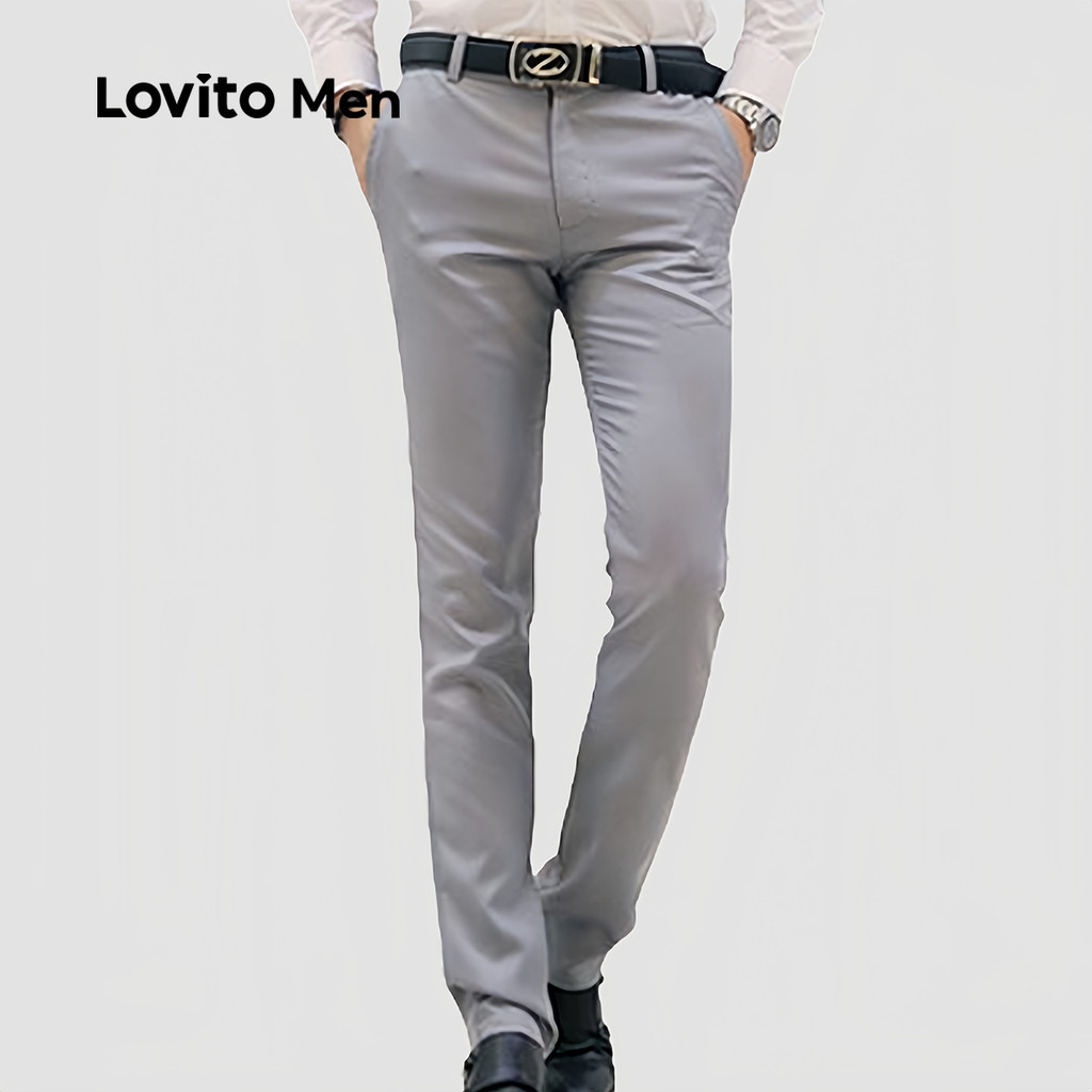 Lovito Men Calças de Terno Casuais com Botões No Bolso Todas As Estações Cinza para homens LNE122074 em Oferta na Shopee