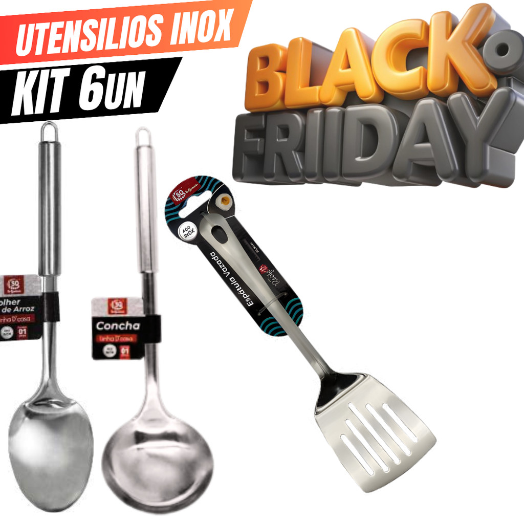 Kit 6 Utensílios para Cozinha Inox  Espatula Colher de Arroz Concha Louça Comida Cozinha Variáveis Utilidades Premium