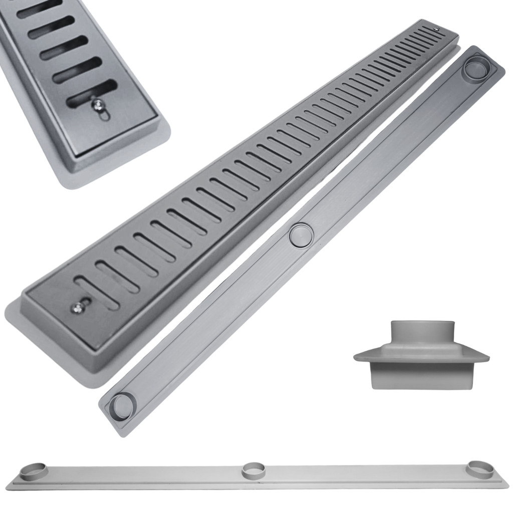 Ralo Linear para Apartamento Inox 304 Abre Fecha 80cm x 5cm Cocho Raso Cinza