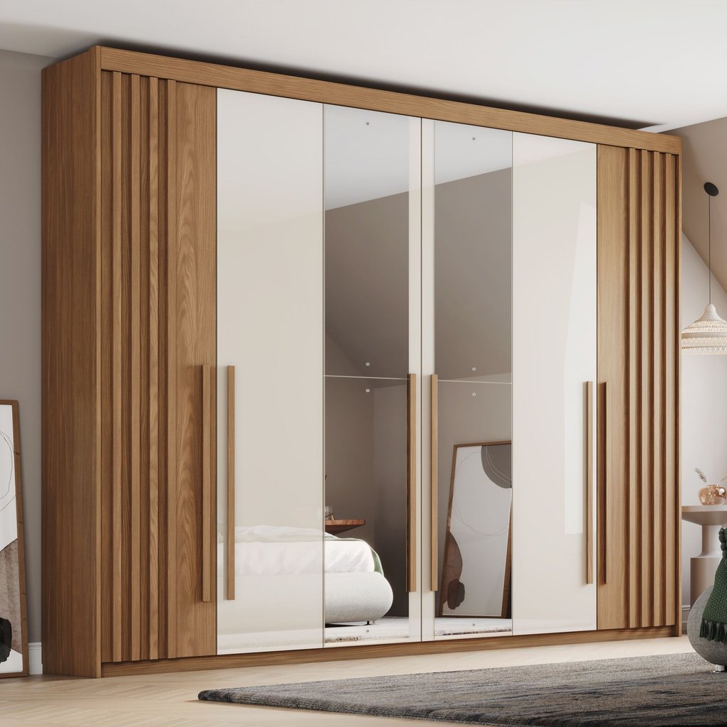 Guarda-roupa Casal 6 Portas 4 Gavetas com Espelho Nathaniel Espresso Móveis Nature/Off White em Oferta na Shopee