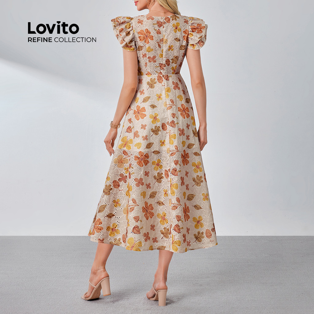 Detalhes do Lovito Refine Vestido Feminino Elegante com Babados e Recortes Multicolorido para Primavera Verão LR21L012