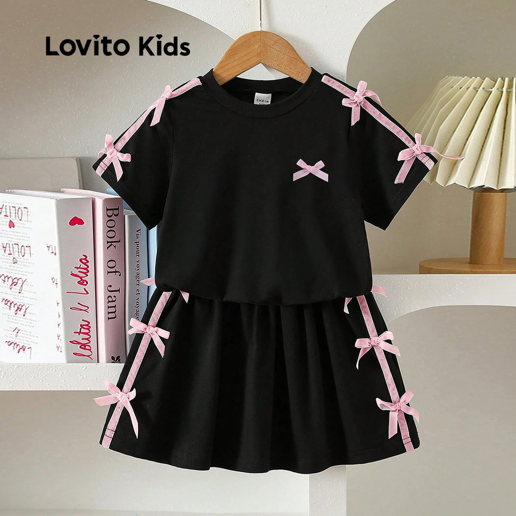 Lovito Kids Conjuntos de Shorts Preppy com Laço para Primavera/verão Shorts Pretos para Menina L148ED067