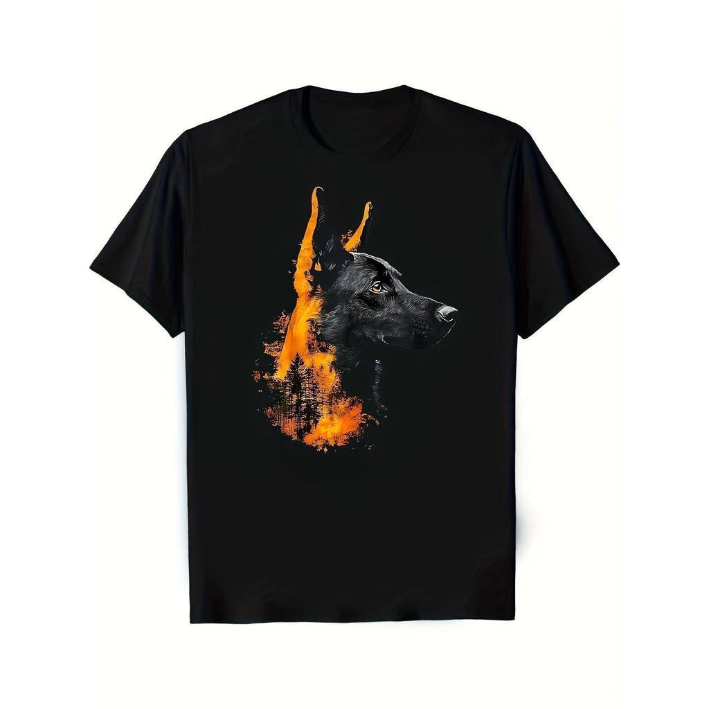 Camiseta Masculina e Unissex de Cão Pastor Belga Malinois - Retrato em Preto, Cinza com Chama Laranja - 100% Algodão Mac