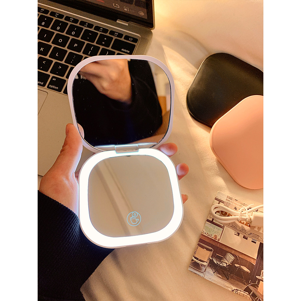 Avançado Mini espelho de maquiagem led com luz portátil dobrável pequeno espelho ampliação feminino portátil viagem luz