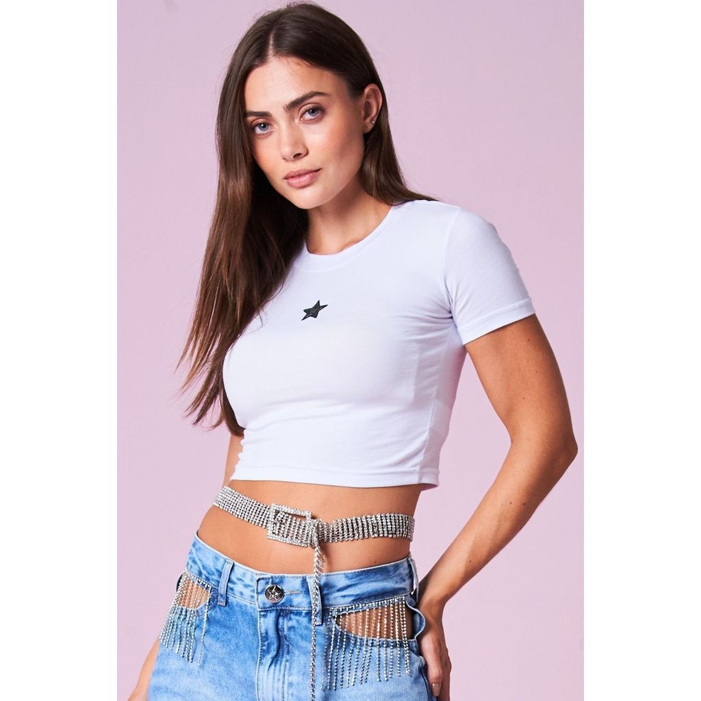 Cropped Feminino Slik de Estrela Planet Girls Branco em Oferta na Shopee