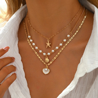 ✨ XueYin | Conjunto De Colar Em Camadas De Estrela Do Mar E Concha Com Pérolas Ajustáveis Joias De Praia Para Mulheres B