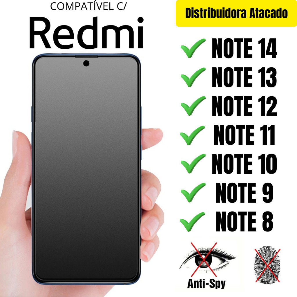 Película Cerâmica Privacidade Fosca 3D P/ Redmi Note 14 / 13 / 12 / 11 / 10 / 9 / 8 Matte AntiSpy em Oferta na Shopee