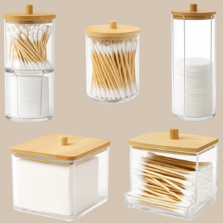 Organizador Acrílico Com Tampa De Bambu Penteadeira Algodão Cotonete Armazenamento Joias Cilios em Oferta na Shopee