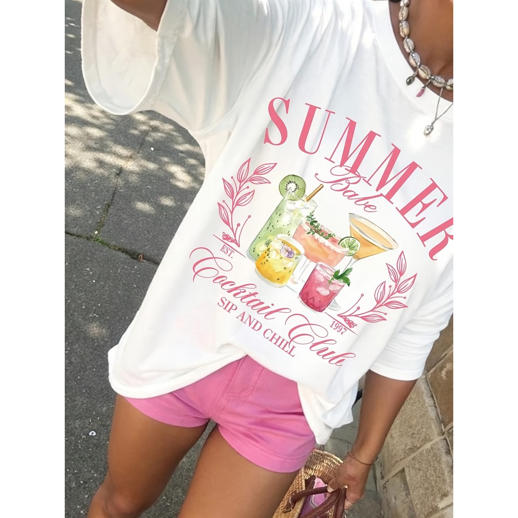 Camiseta Feminina Summer Vibes T-shirt Estampa Coquetel Casual Verão Manga Curta Confortável