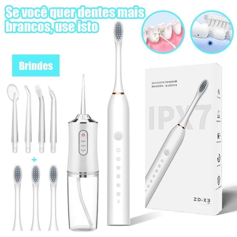 Kit Dental 2 em 1 – Irrigador Bucal + Escova Elétrica Recarregável Profissional em Oferta na Shopee