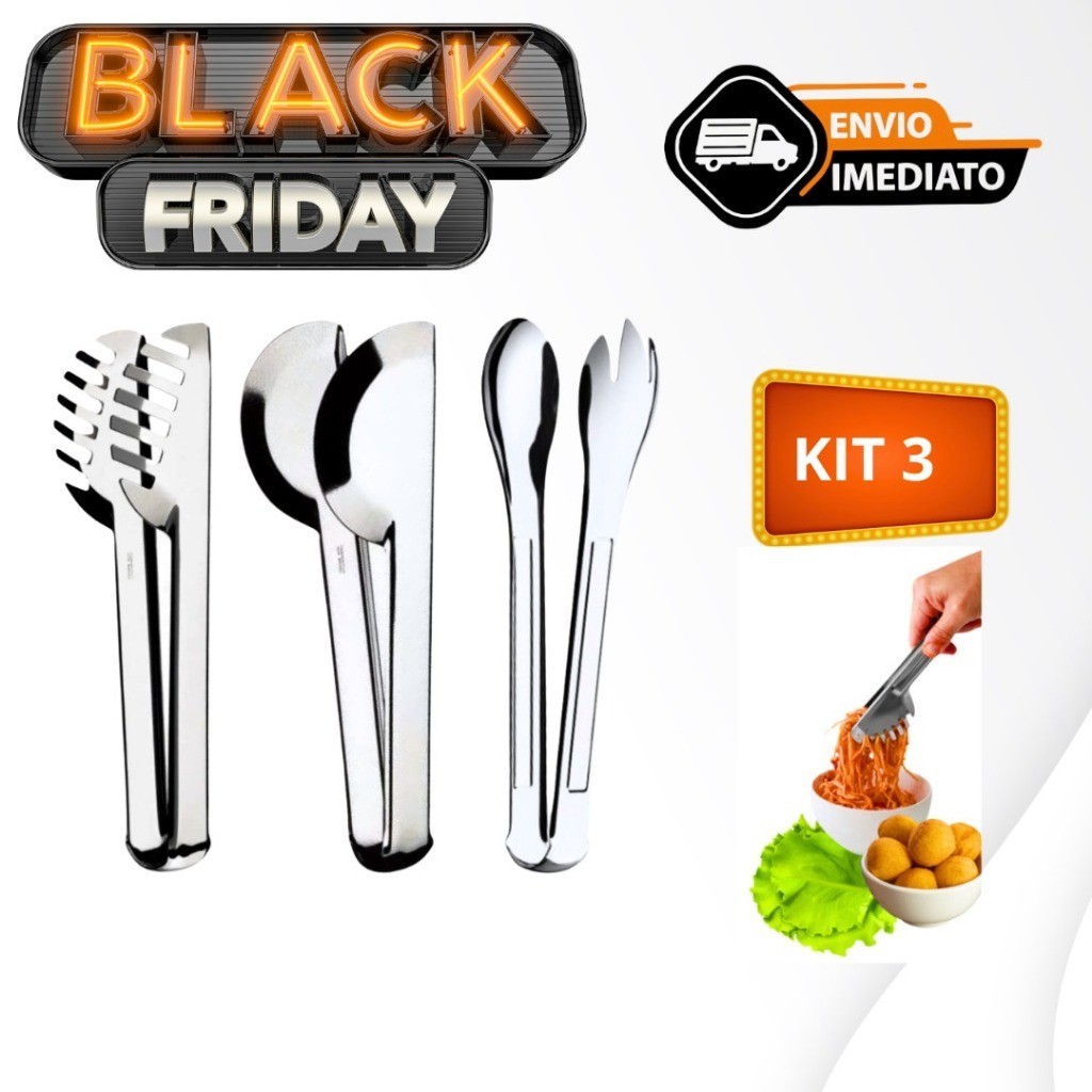 Kit Cozinha 3 Peças Pegador Universal Massa e Salada em Aço Inox Para Cozinha e Restaurantes