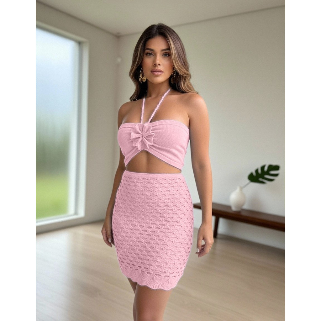 Conjunto Tricô Modal Cropped Saia Curto Verão Moda Elegante