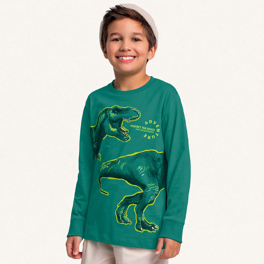 Camiseta infantil manga longa em meia malha dino Fakini