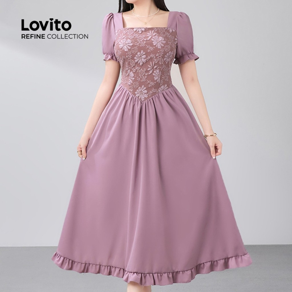 (Lovito Refine) Vestido Elegante Rosa Com Costura Em Jacquard Para Primavera/verão Ideal Para Mulheres LR21E002 em Oferta na Shopee