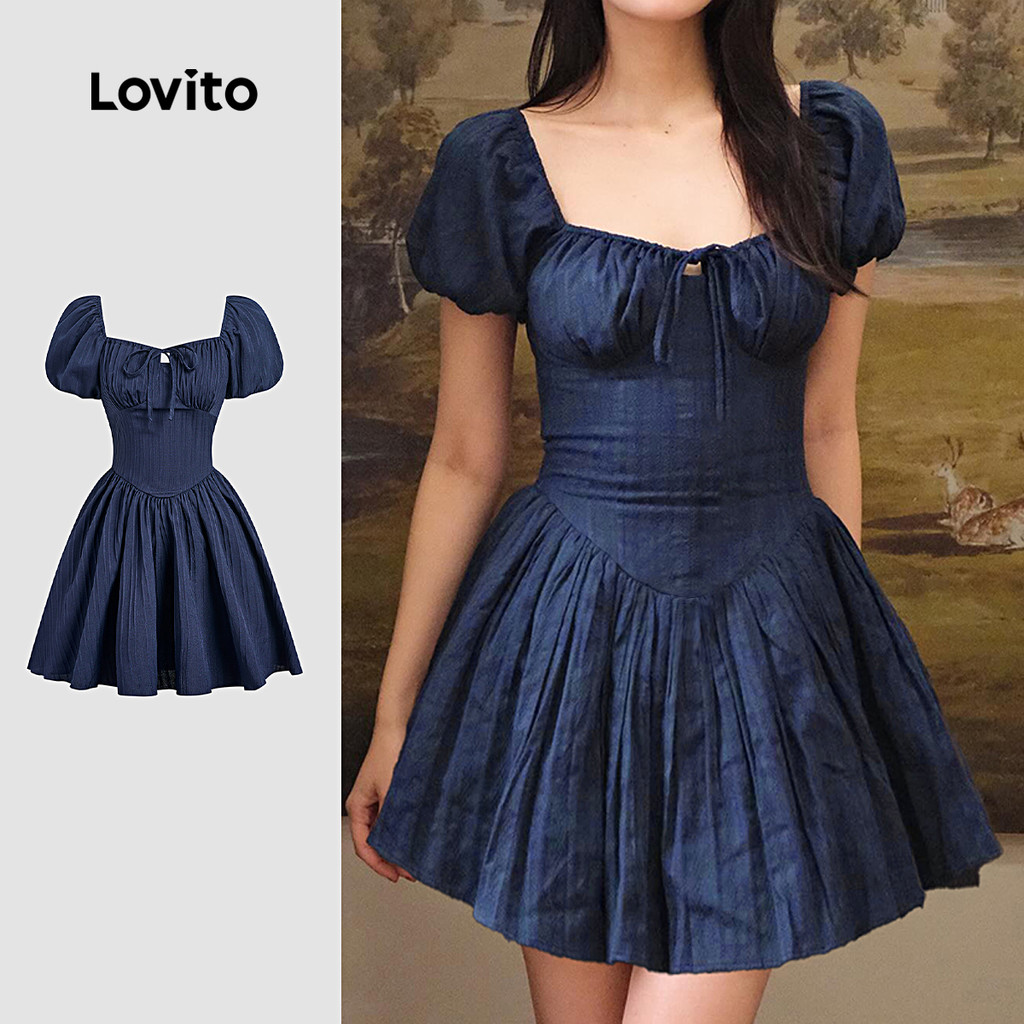 Lovito Vestido Casual com Renda e Atacado de Amarração Plissado Primavera/verão azul-marinho L156AD075 em Oferta na Shopee