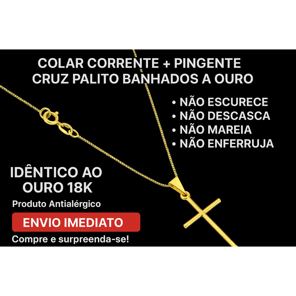 Colar Veneziana Fina 1.5mm + Pingente Cruz Palito Banhados a ouro  Cordão Masculino e Crucifixo