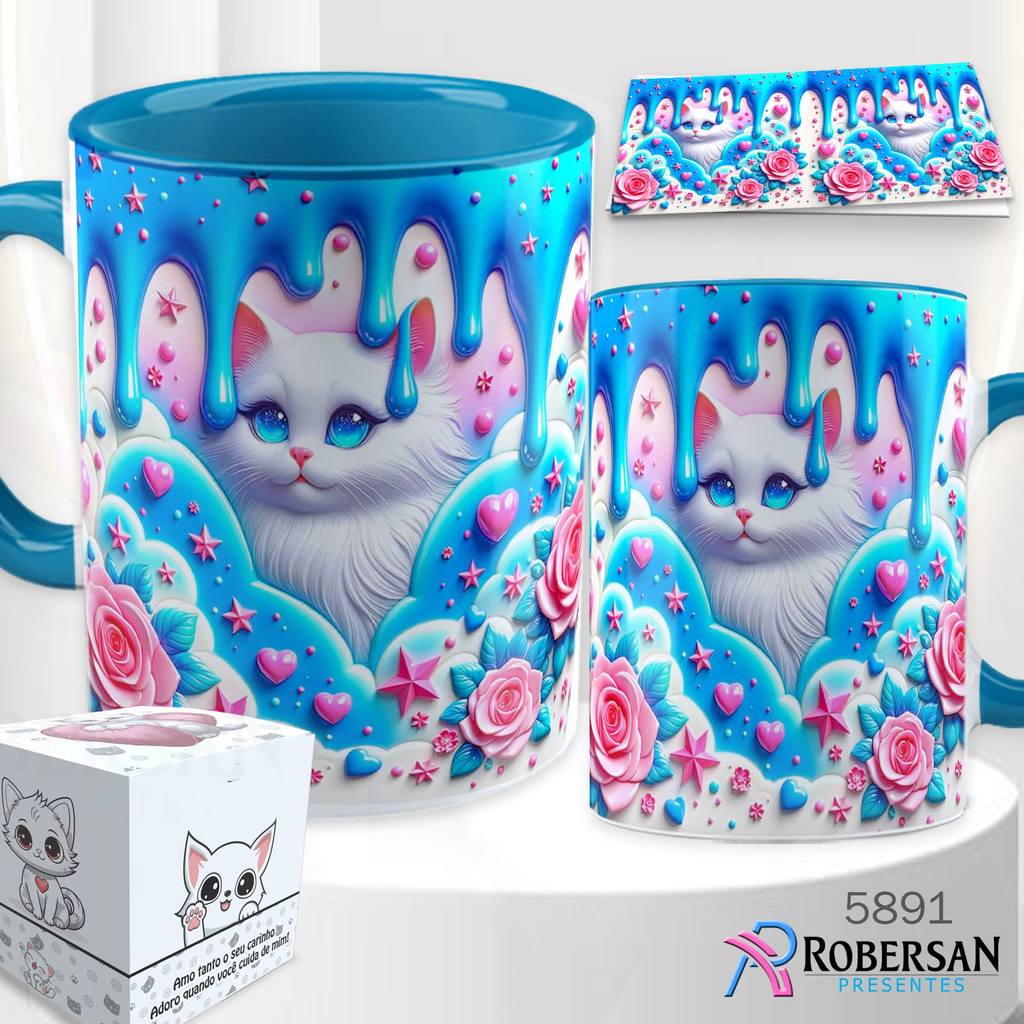 Caneca Gatinho 3D Gato Porcelana Personalizada Pet Fofo Gatos Gatinhos Xícara Ceramica Rosa Preto