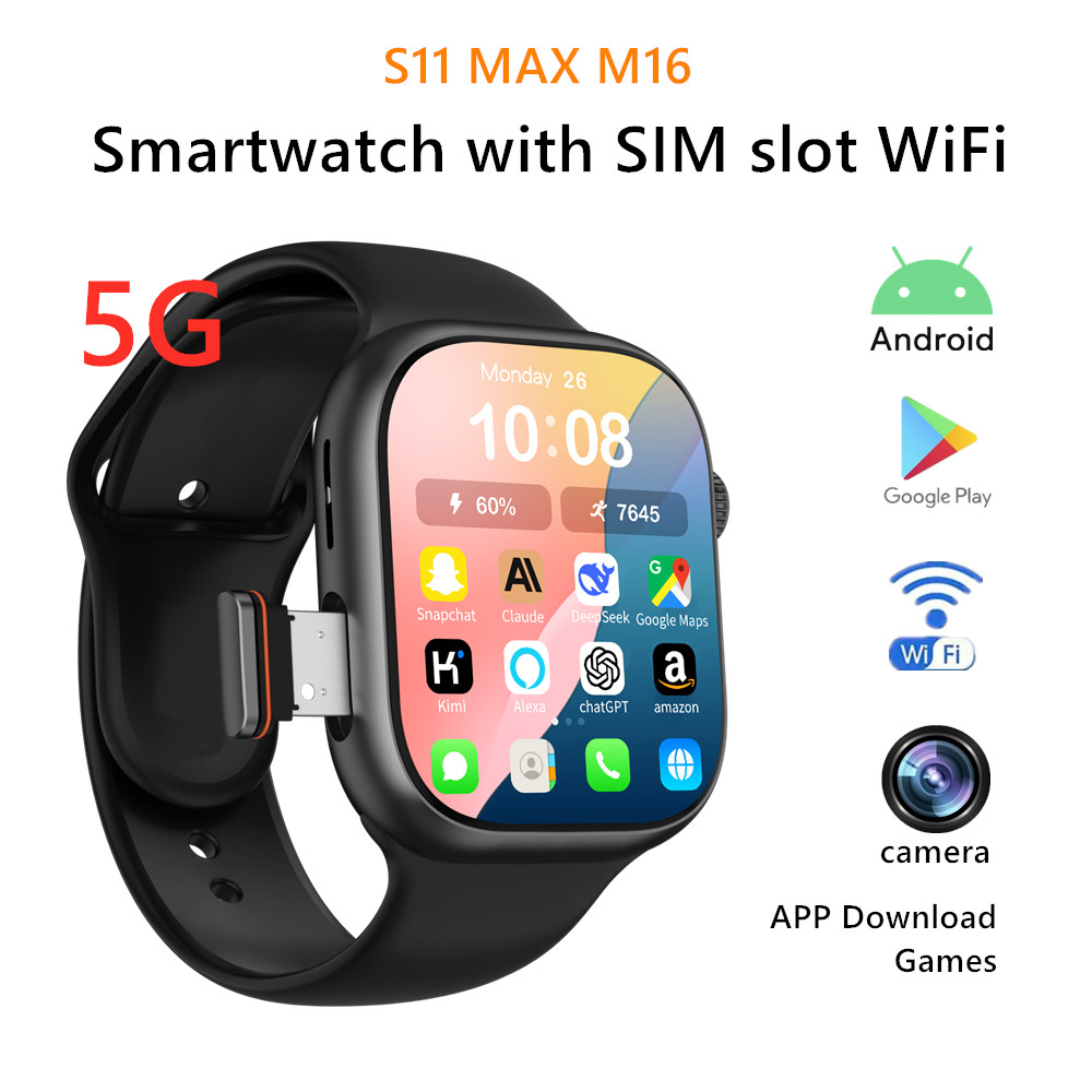 Relógio Inteligente S11 Com slot Para Cartão SIM E WiFi 5G Android M16 Versão Celular Smartwatch Câmera Giratória NFC GP