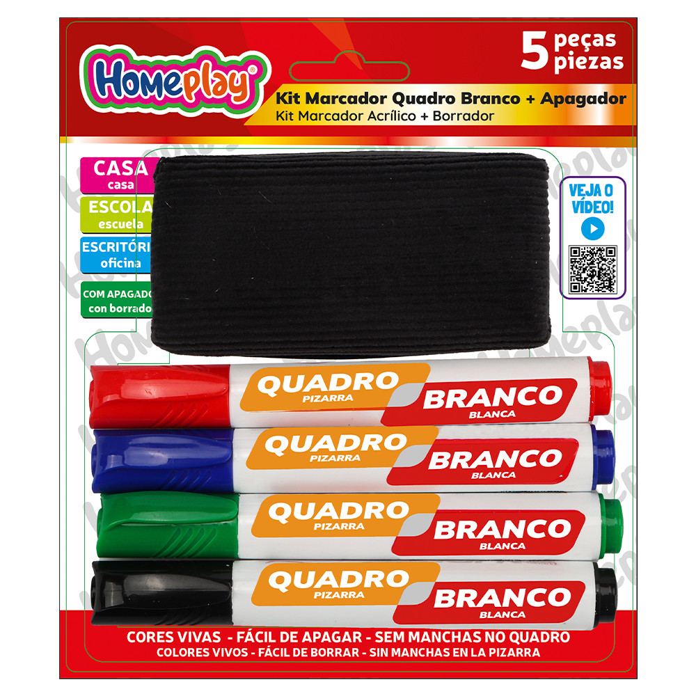 KIT MARCADOR QUADRO BRANCO COM APAGADOR 4 CORES HOMEPLAY em Oferta na Shopee