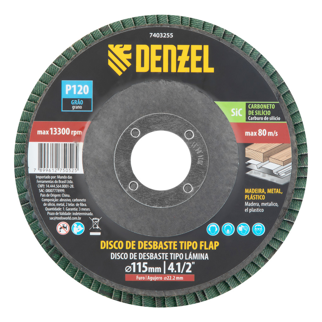 DISCO DE DESBASTE TIPO FLAP, CARBONETO DE SILICIO, GRAO 120, 115 X 22,2 MM, 1PCS// DENZEL