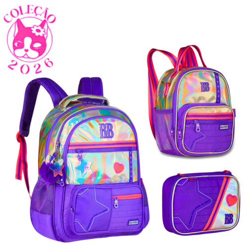 Kit Mochila de Costas ,Lancheira 2em1 e Estojo Rebecca Bonbon Holo Shine Cor:Roxo