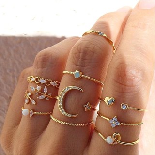 10 Pçs Conjunto De Anel Ajustável Para Mulheres Lua Estrela Coração Diamante Jóias
