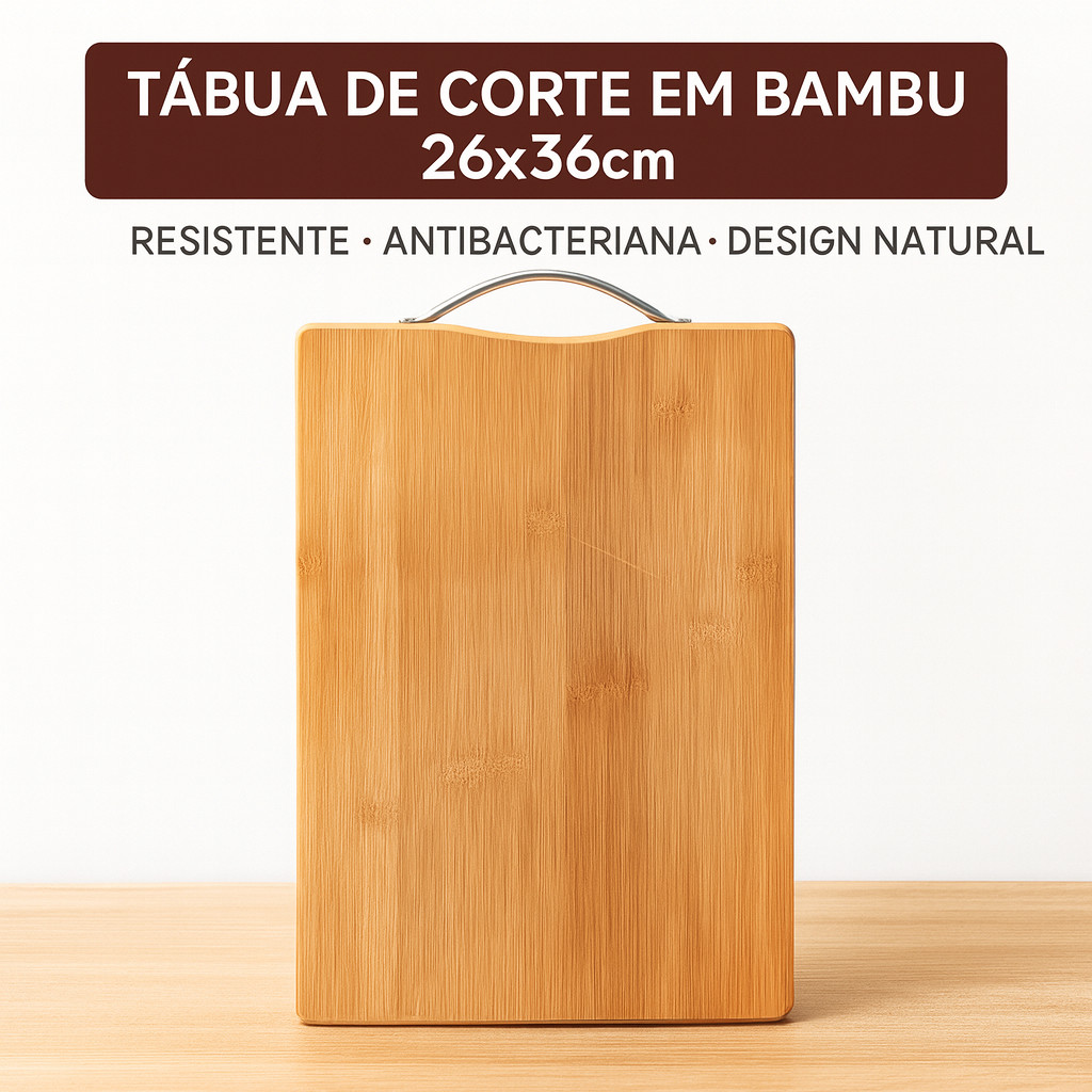 Tábua de Corte em Bambu 26x36cm – Ideal para Carnes, Frios e Queijos | Resistência e Design Natural