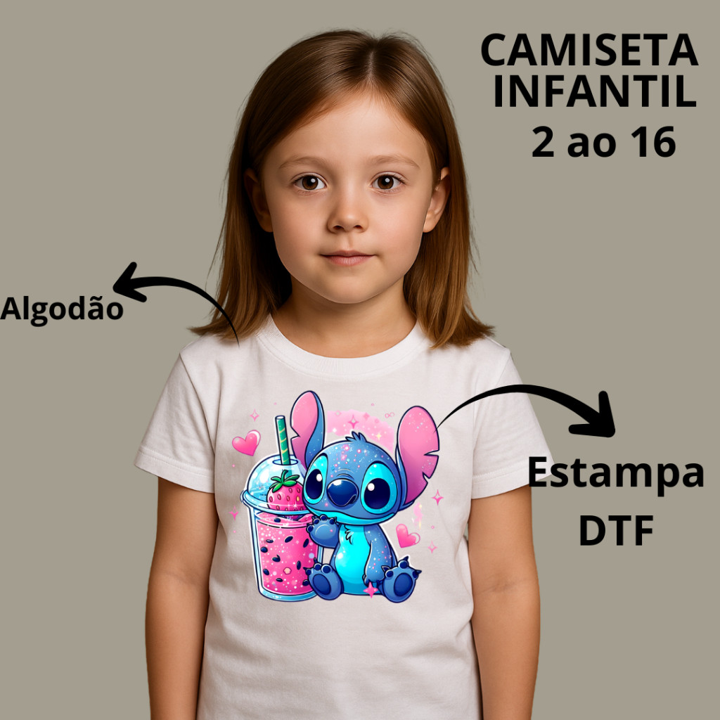 Camiseta Infantil Criança Personagem Estampada Minimalista Stitch Varios Modelos Tendência Menina 100% Algodão