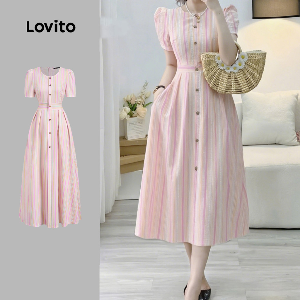 Lovito Roupas Casuais Geométricas: Vestido Rosa de Primavera/verão Macio e Confortável para mulheres L137ED491 em Oferta na Shopee
