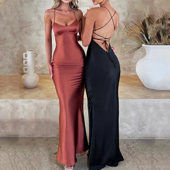 Moda Feminina Sexy Suspender Vestido De Cetim Com Alças Sem Costas Saia Longa
