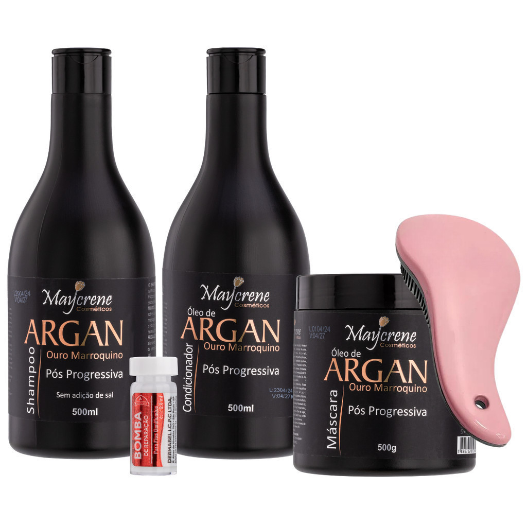 Kit Cabelo Pós Progressiva Óleo de Argan Shampoo,Condicionador e Máscara Sem Sal + Escova Magica