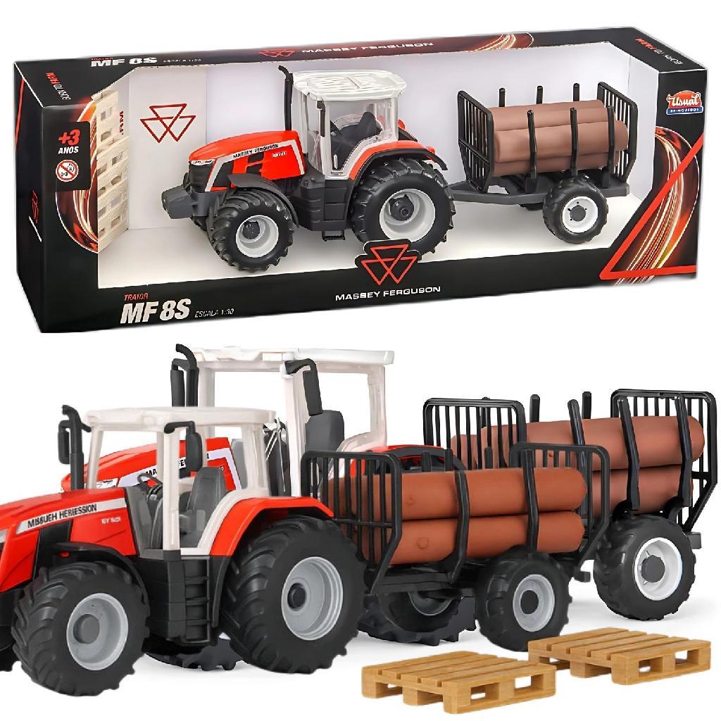 Brinquedo Trator Massey Ferguson MF-8S Transporta Toras Miniatura - Usual Brinquedos