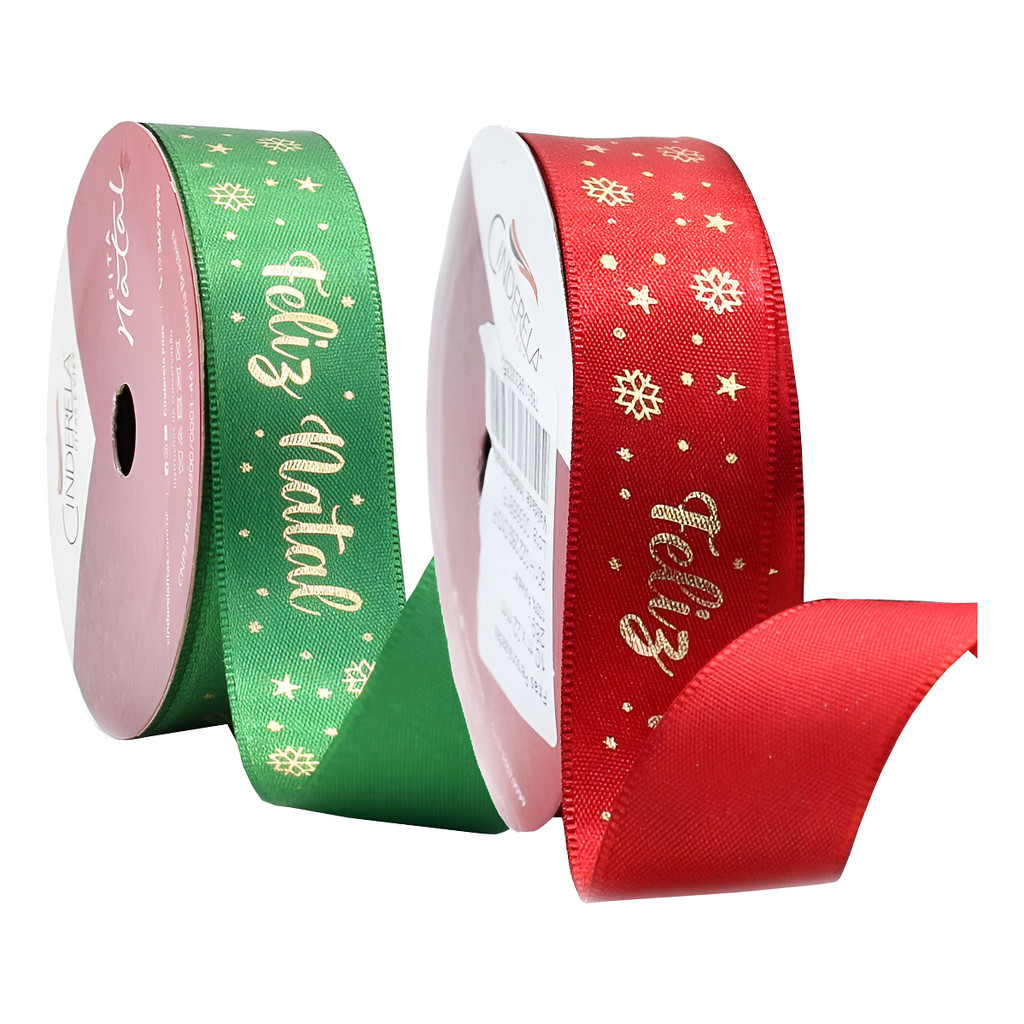 2 Fita Cetim Feliz Natal Verde Laço Vermelho Verde 2,2x10m N.5