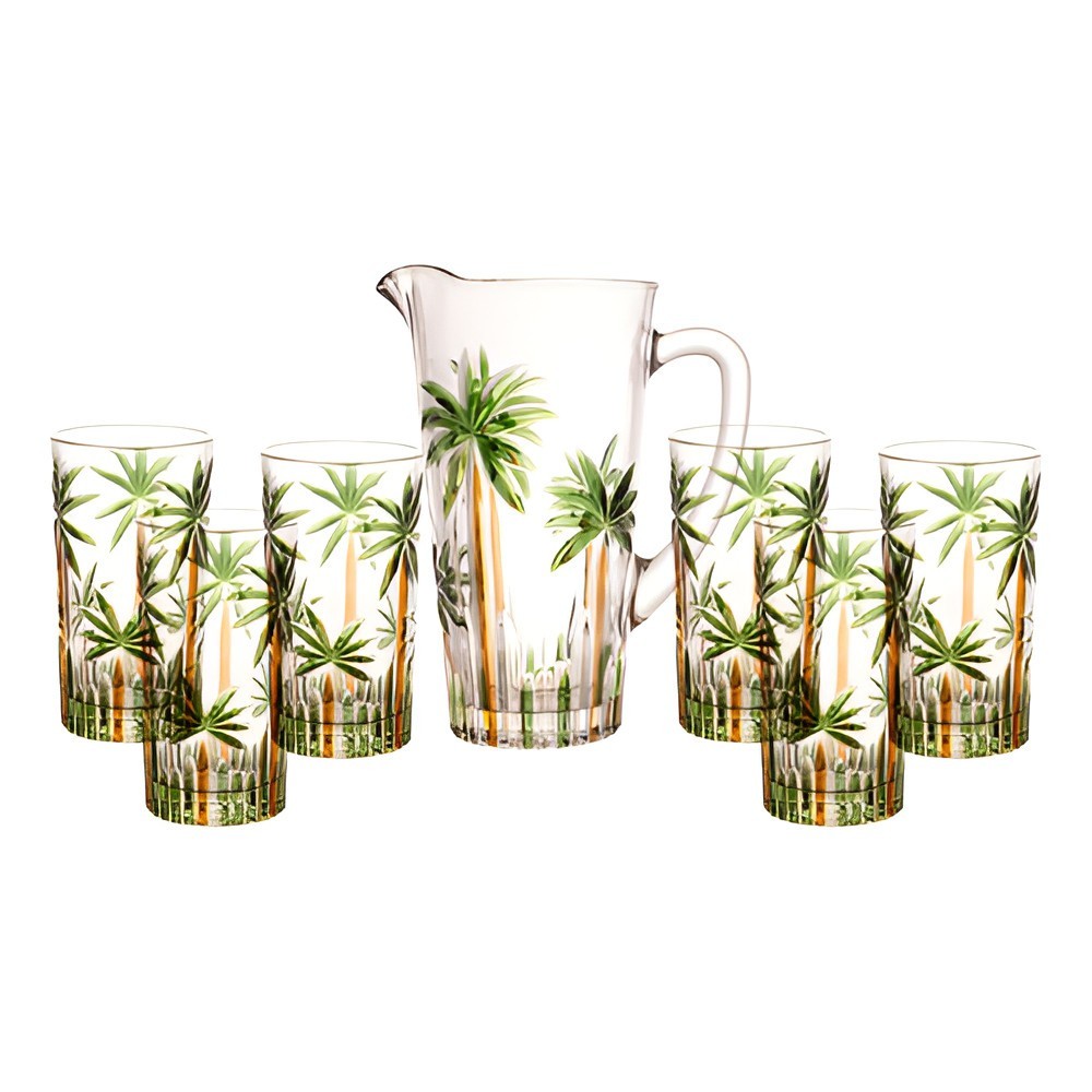 Conjunto Jarra 1,2L + 6 Copos Cristal Palm Tree Wolff Handpaint | Promoção Envio Imediato