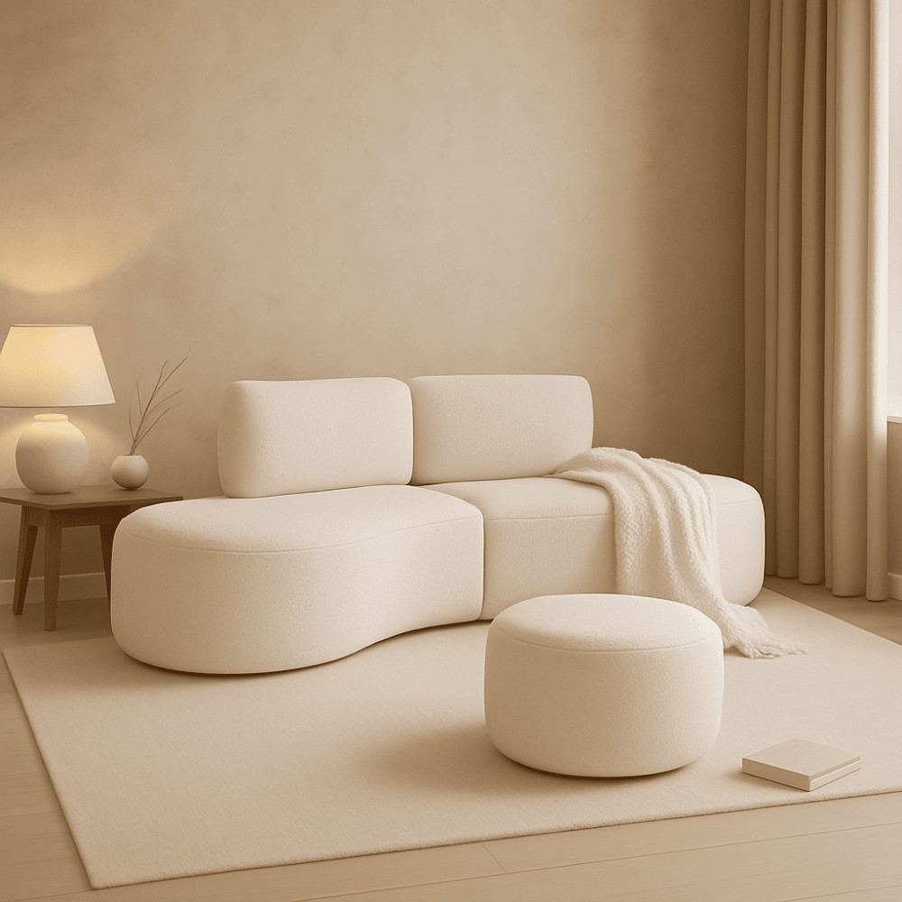 Sofá Orgânico e Puff Módulo Curvo Savana Boucle Bege  - Montanari's Decor