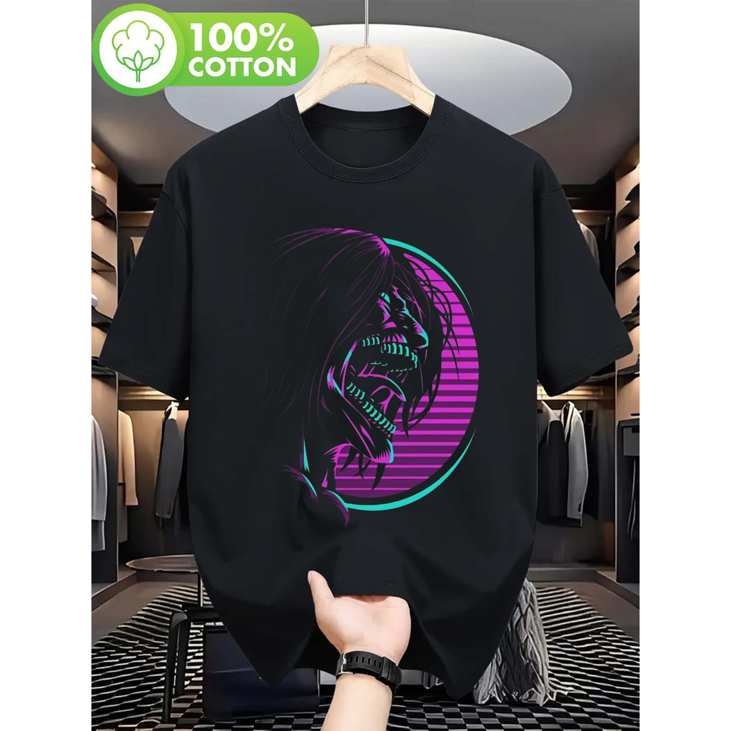 Camiseta Masculina Anime Eren Wave Design Neon Roxo Rosa Estampada Confortável Estilosa Moderna Esportiva