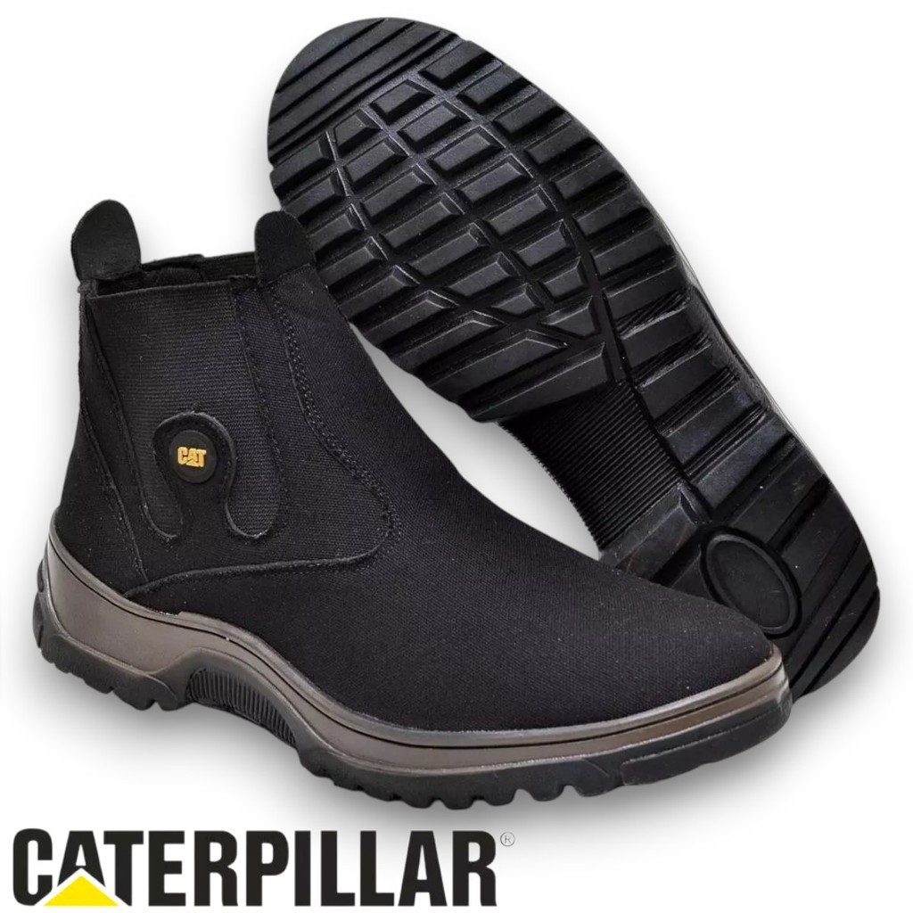 Bota Botina Masculina CAT Confortável Solado Antiderrapante Trabalho Caminhada Couro Lona Elástico Leve Durável Adventur