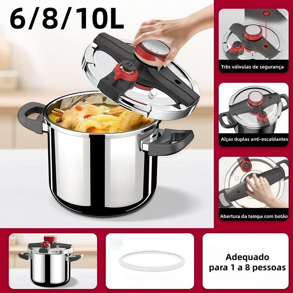 Imagem Panela de Pressão Inox 6L 8L 10L | Sistema Antiexplosão Seguro | 3 Níveis de Pressão