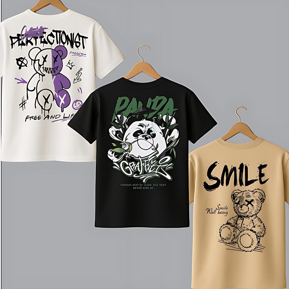 Kit 3 Camiseta Masculina Algodão Premium Adulto Plus Size Infantil Stretwear Panda Grafiti Urso Being Perfectionist Moda