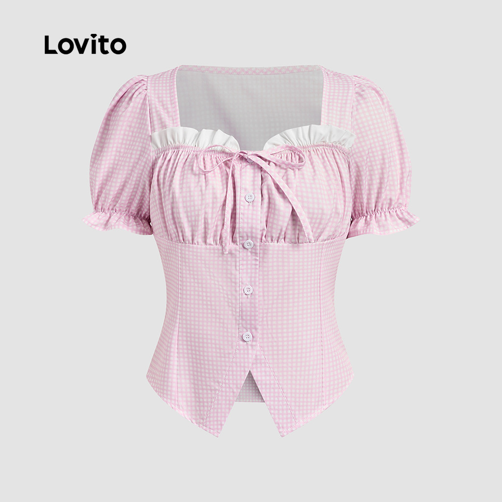 Detalhes do Lovito Blusa Linda de Renda com Amarração Primavera/verão Blusa Rosa para mulheres L151AD154