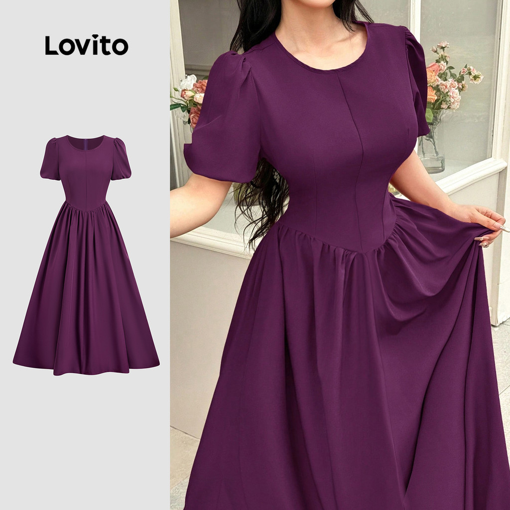 Lovito Estrutura de Costura Do Vestido Elegante em Tecido Todas As Estações Cinza roxo LBL28006 em Oferta na Shopee