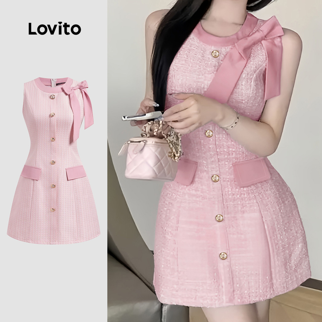 Lovito Vestido Elegante Liso Colorblock Com Botão Frontal E Laço Para Mulheres L132ED695 em Oferta na Shopee