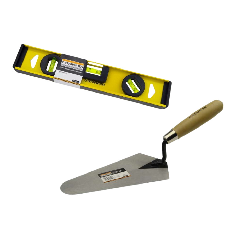 Kit Nível Alumínio Base Magnética 12 polegadas 30cm + Colher de Pedreiro 8 Polegadas Starfer