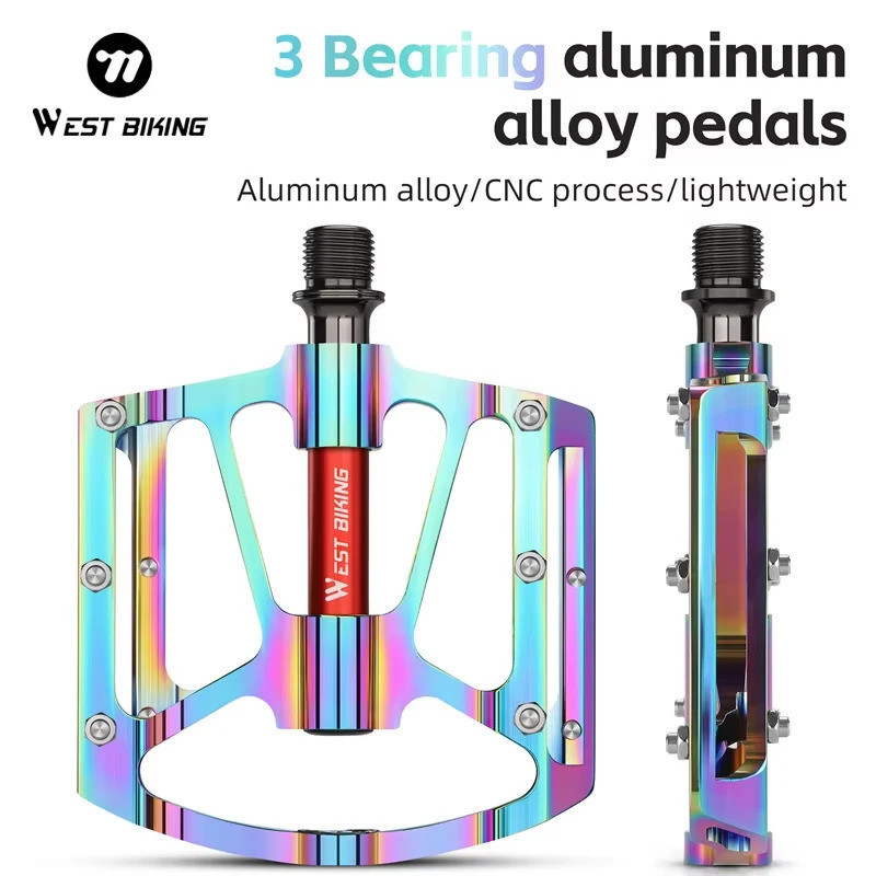 Pedais de Bicicleta WEST BIKING com 3 Rolamentos Antiderrapantes para MTB e Bicicleta de Estrada, Pedal Plano em Liga de