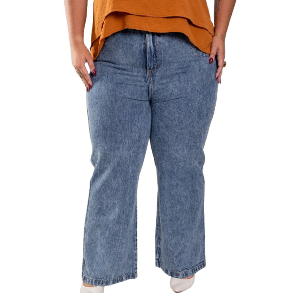 Calça Jeans Feminina Plus Size Pantalona wide leg 48-64 Cintura Alta com Elástico