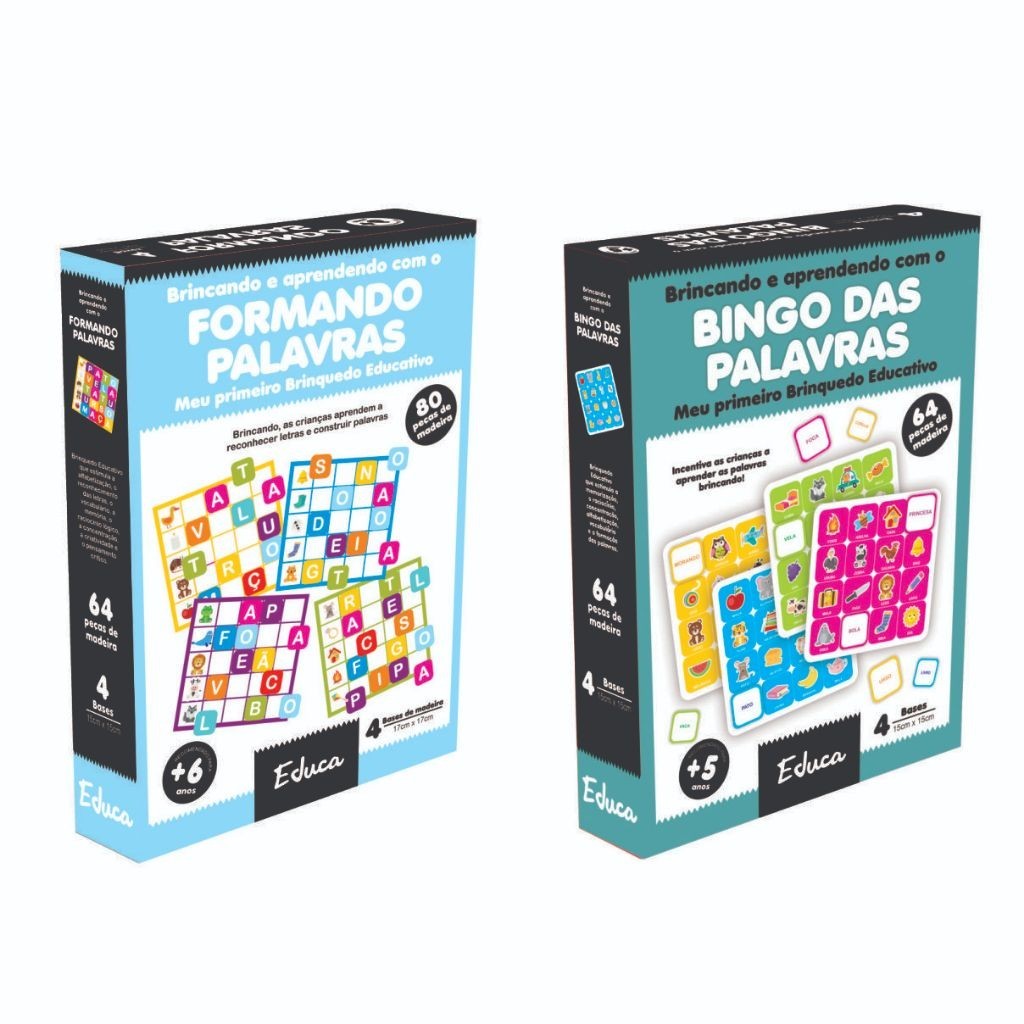 kit 2 Brinquedos Alfabetização Bingo Palavras + Formando Palavras Pedagógico Educativo Madeira