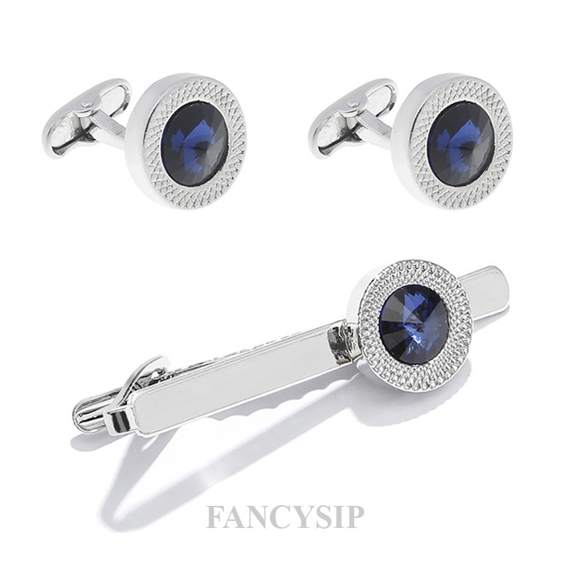 3 Pçs Moda Azul Cristal Zircão Abotoaduras E Clipe De Gravata Conjunto Para Negócios Masculinos Punho Francês Unhas , Pr em Oferta na Shopee